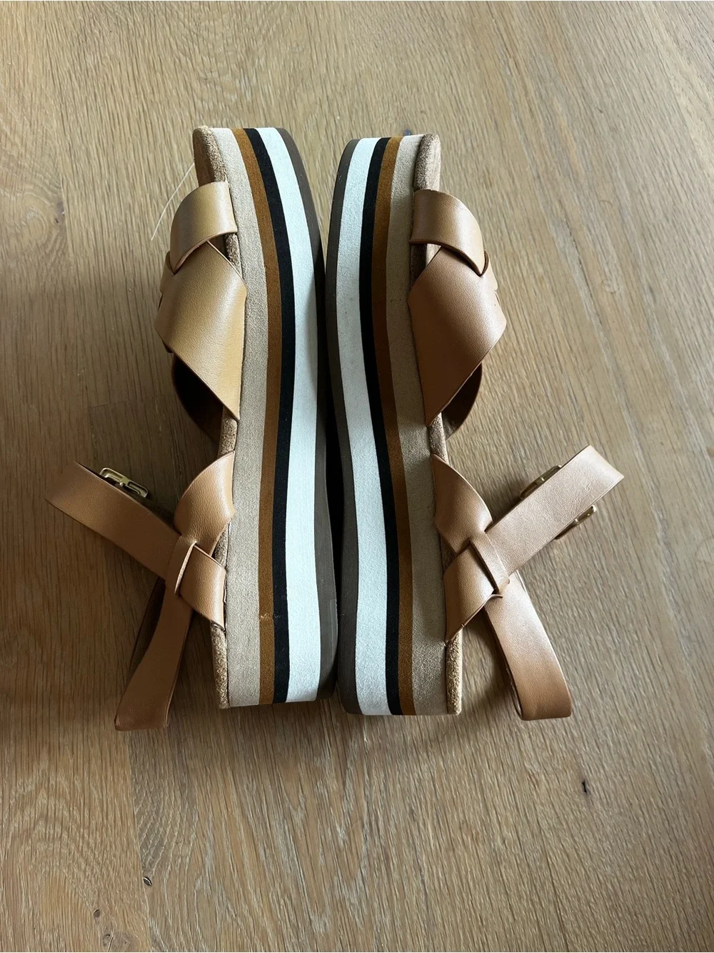 Kelsi Dagger Platform Sandals — Cognac Brown and White Striped Sole